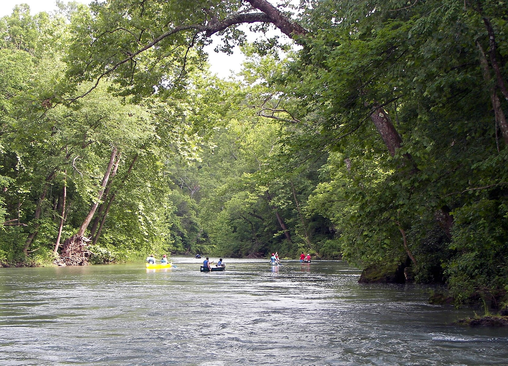 The clear Current River flows below wooded Ozark hills with gravel bars along the channel.