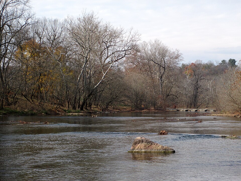 The shallow North Fork Shenandoah River flows over a rocky bed near Woodstock, Virginia.