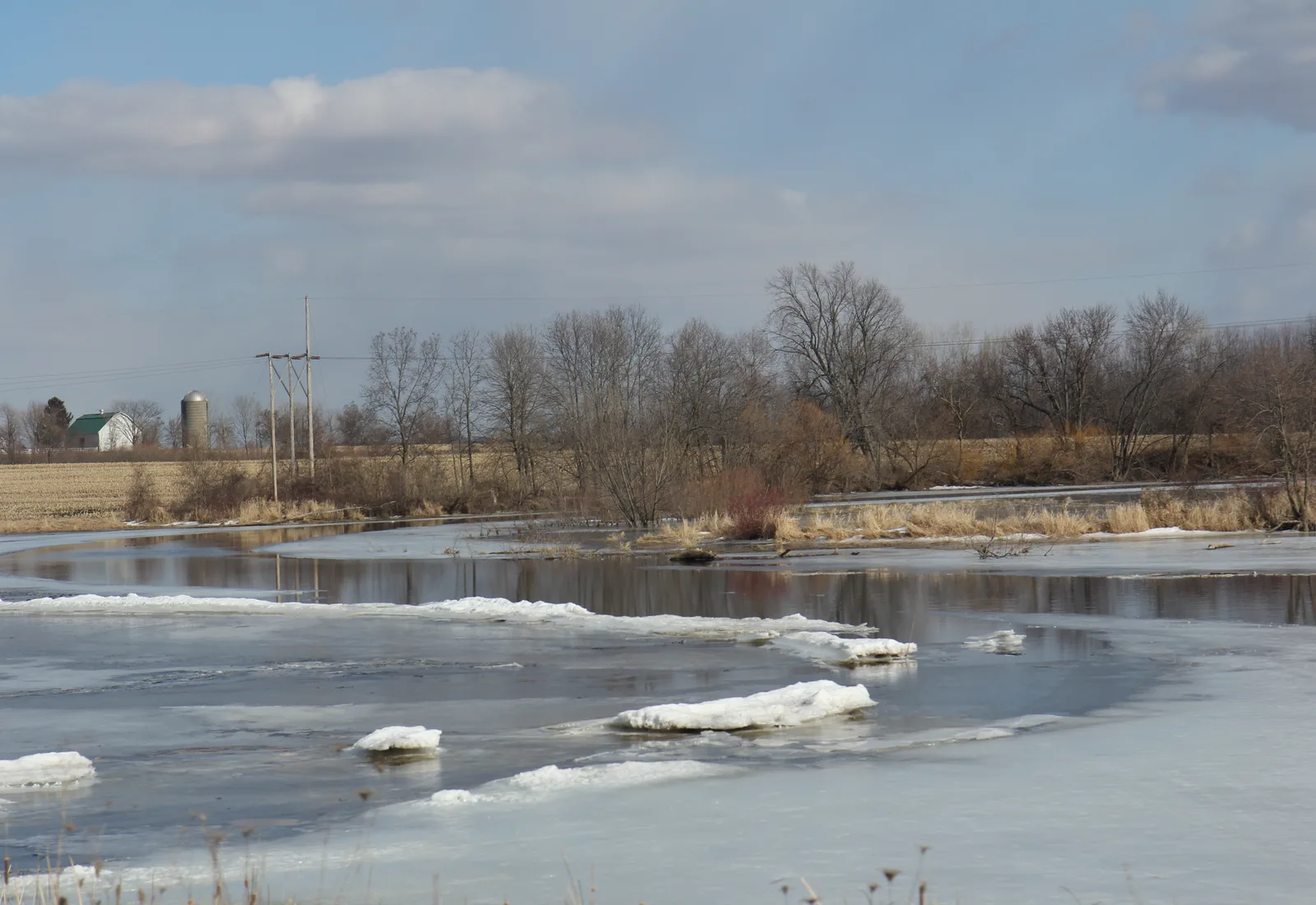 The Crawfish River flows through open country near the Dodge County line in Wisconsin.