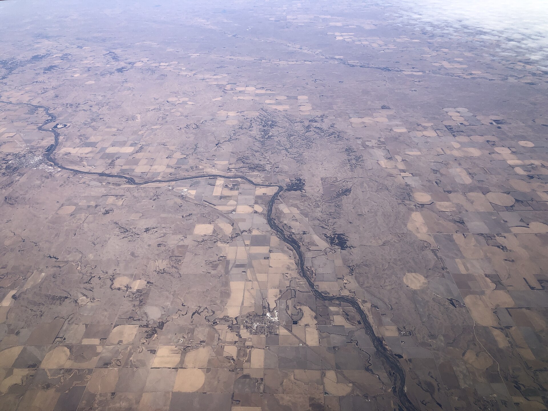 An aerial view shows the North Loup River and Ord, Nebraska.
