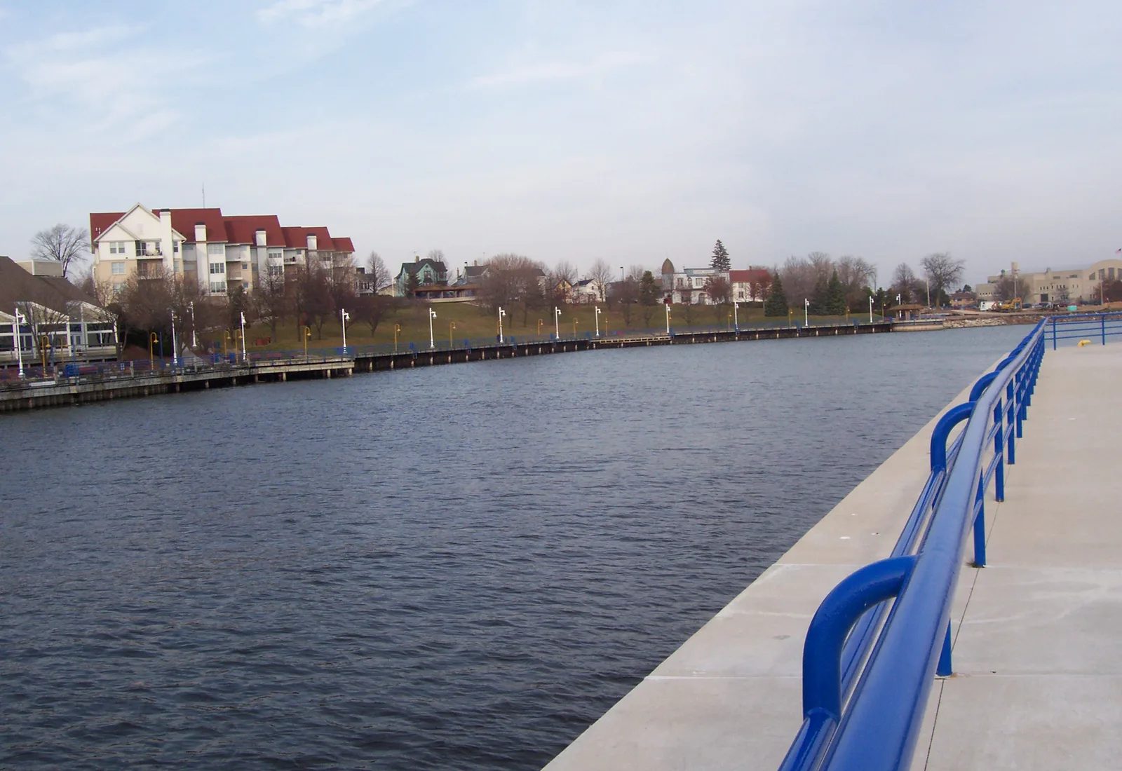 The Sheboygan River passes the downtown riverfront in Sheboygan, Wisconsin.