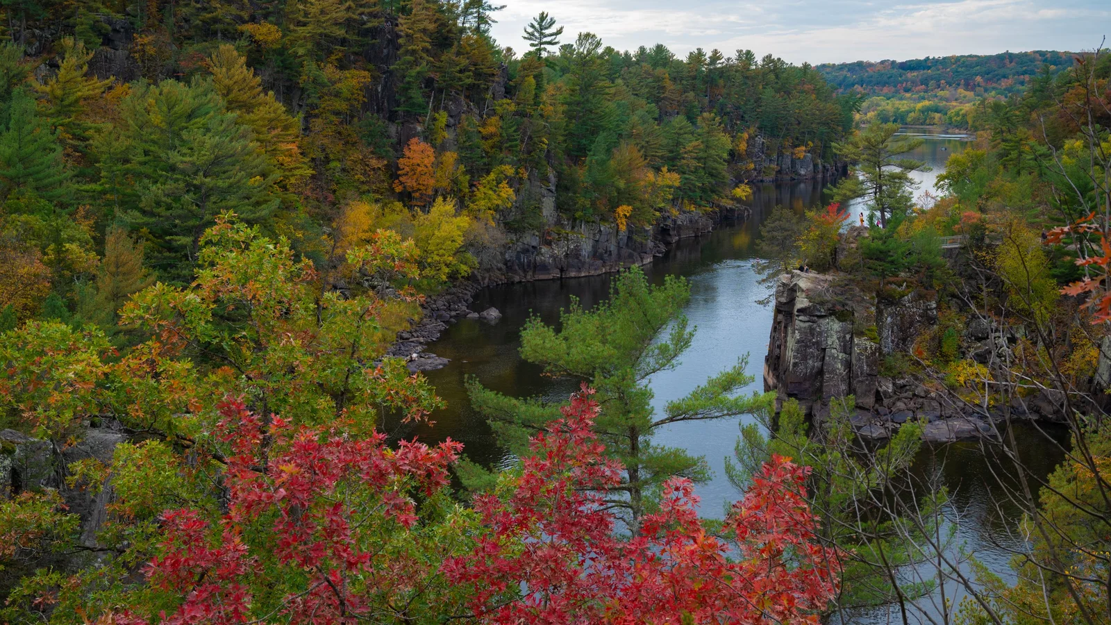 The St. Croix River passes through the rocky gorge at Interstate State Park near Taylors Falls, Minnesota.