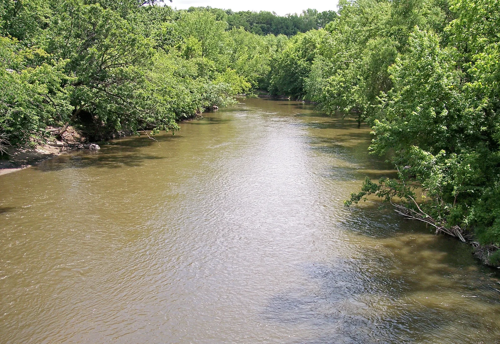 The Watonwan River flows downstream from Washington Street in Garden City, Minnesota.