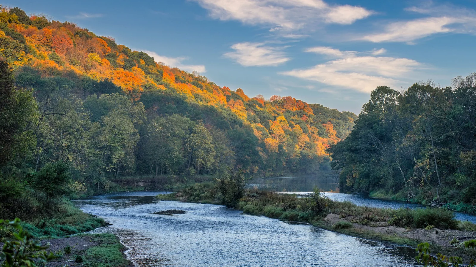 The Zumbro River winds below autumn bluffs near Hammond, Minnesota.