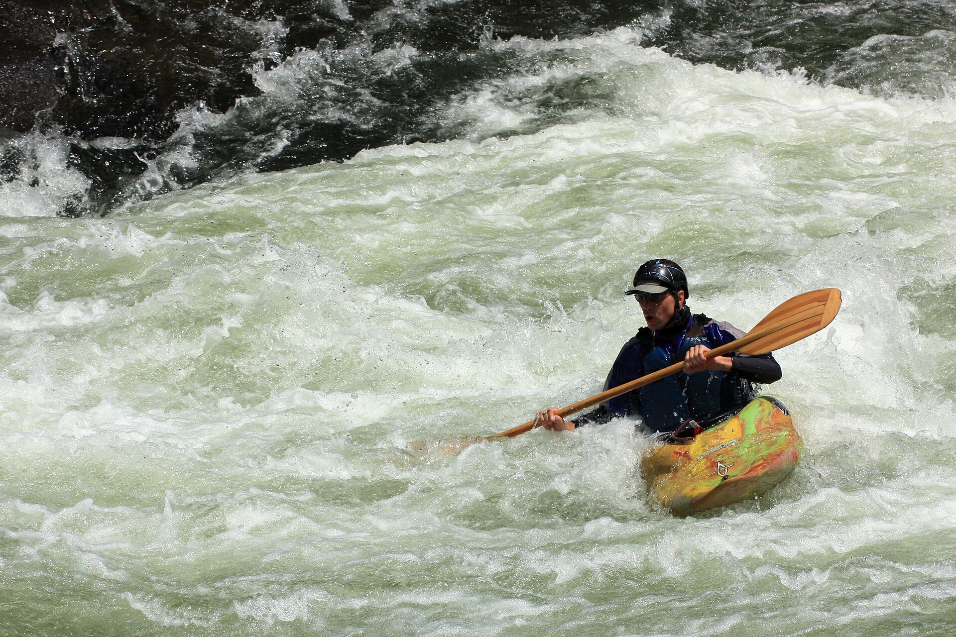 A kayaker braces in whitewater on the Youghiogheny River in Ohiopyle State Park.